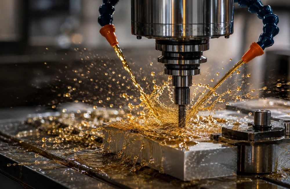 CNC 加工時以琥珀色切削油潤滑金屬工件